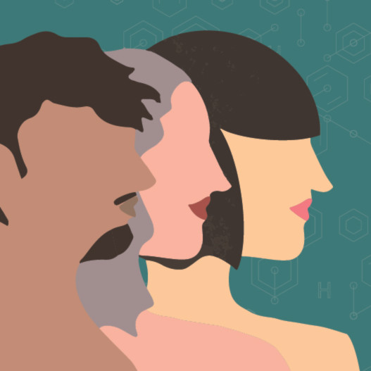 The image shows the illustrated outline of the profiles of a man with dark tan skin, black hair and a black mustache, a woman with light tan skin, gray hair and red lips and a women with tannish-yellow skin and black hair with bangs (from left to right). These outlines are against a grayish-green background with a pattern of small white molecules. 